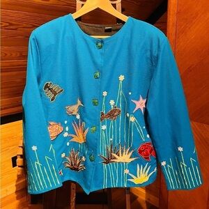 Vintage Daniel K Wearable Art Under the Sea Life Blazer Jacket Teal Blue